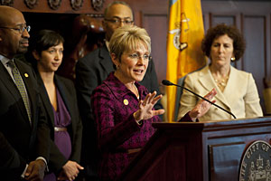Photo of Melodee Hanes, Acting Administrator for OJJDP, announcing that the City of Philadelphia will receive a fiscal year 2012 Community-Based Violence Prevention grant.