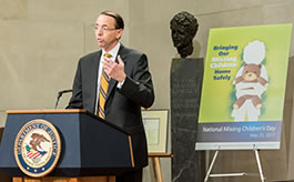 U.S. Deputy Attorney General Rod J. Rosenstein addresses attendees at the 2017 National Missing Children's Day ceremony.