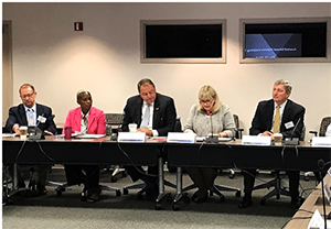 Shown (from left to right) are James Antal, Associate OJJDP Administrator and head of the Office’s Special Victims and Violent Offenders Division; Chyrl Jones, Deputy OJJDP Administrator; James Burch, President of the National Police Foundation; Caren Harp, OJJDP Administrator; and Brad Russ, Director of the National Criminal Justice Training Center.