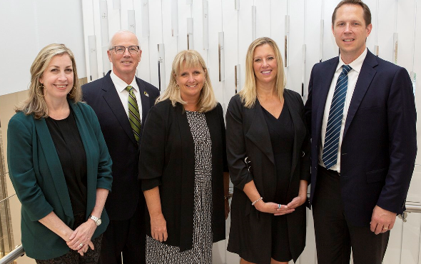 Shown (from l. to r.) are NCMEC Senior Vice President Michelle DeLaune, NCMEC President John Clark, OJJDP Administrator Caren Harp, Principal Deputy Assistant Attorney General Katie Sullivan, and Deputy Associate Attorney General Taylor McConkie.